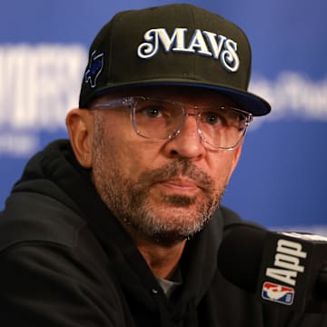 Apr 23, 2024; Los Angeles, California, USA; Dallas Mavericks head coach Jason Kidd speaks to media prior to the game two of the first round for the 2024 NBA playoffs against the Los Angeles Clippers at Crypto.com Arena. Mandatory Credit: Kiyoshi Mio-Imagn Images