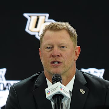 Jul 8, 2025; Frisco, TX, USA; UCF head coach Scott Frost addresses the media during 2025 Big 12 Football Media Days at The Star. Mandatory Credit: Raymond Carlin III-Imagn Images