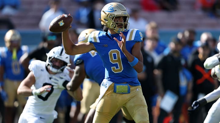 UCLA Bruins quarterback Nico Iamaleava (9) drops back to pass during the fourth quarter against the Penn State Nittany Lions at the Rose Bowl. UCLA Bruins quarterback Nico Iamaleava (9) drops back to pass during the fourth quarter against the Penn State Nittany Lions at the Rose Bowl.