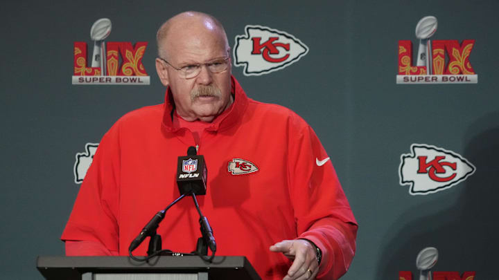 Feb 5, 2025; New Orleans, LA, USA; Kansas City Chiefs head coach Andy Reid speaks in a press conference ahead of Super Bowl LIX at New Orleans Marriott. Mandatory Credit: Kirby Lee-Imagn Images