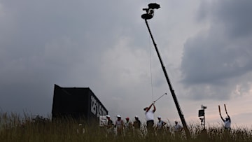 Jun 13, 2025; Oakmont, Pennsylvania, USA; Maverick McNealy plays his shot from the 18th tee during the second round of the U.S. Open golf tournament. 