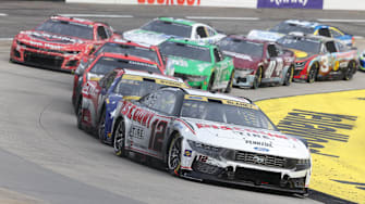 Oct 26, 2025; Martinsville, Virginia, USA; NASCAR Cup Series driver Ryan Blaney (12) leads during stage three of the Xfinity 500 at Martinsville Speedway.