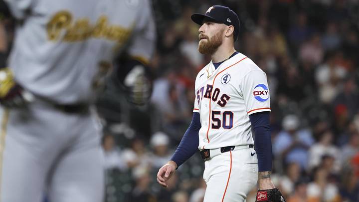 Jun 2, 2026; Houston, Texas, USA; Houston Astros starting pitcher Mike Burrows (50) walks off the field after pitching during the first inning against the Pittsburgh Pirates at Daikin Park. Mandatory Credit: Troy Taormina-Imagn Images