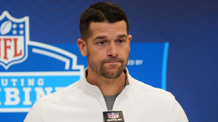 Feb 25, 2025; Indianapolis, IN, USA; Carolina Panthers coach Dave Canales speaks during the NFL Scouting Combine at the Indiana Convention Center. Mandatory Credit: Kirby Lee-Imagn Images Feb 25, 2025; Indianapolis, IN, USA; Carolina Panthers coach Dave Canales speaks during the NFL Scouting Combine at the Indiana Convention Center. Mandatory Credit: Kirby Lee-Imagn Images