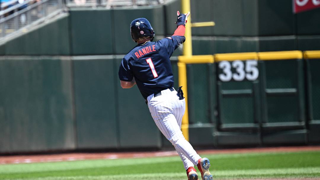 Jun 14, 2026; Omaha, NE, USA;  Mississippi Rebels left fielder Brayden Randle (1) circles the bases after hitting a home run against the Troy Trojans during the second inning at Charles Schwab Field. Mandatory Credit: Steven Branscombe-Imagn Images