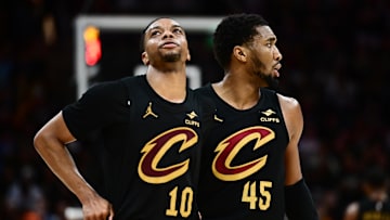 May 13, 2025; Cleveland, Ohio, USA; Cleveland Cavaliers guard Darius Garland (10) and guard Donovan Mitchell (45) react during the second half against the Indiana Pacers in game five of the second round for the 2025 NBA Playoffs at Rocket Arena. Mandatory Credit: Ken Blaze-Imagn Images