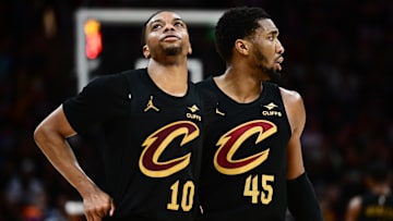 May 13, 2025; Cleveland, Ohio, USA; Cleveland Cavaliers guard Darius Garland (10) and guard Donovan Mitchell (45) react during the second half against the Indiana Pacers in game five of the second round for the 2025 NBA Playoffs at Rocket Arena. Mandatory Credit: Ken Blaze-Imagn Images