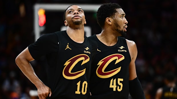 May 13, 2025; Cleveland, Ohio, United States; The Cleveland Guard Cavaliers Darius Garland (10) and goalkeeper Donovan Mitchell (45) React Durin