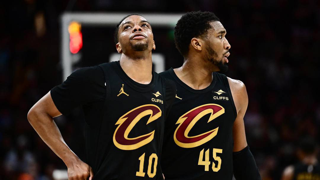 May 13, 2025; Cleveland, Ohio, USA; Cleveland Cavaliers guard Darius Garland (10) and guard Donovan Mitchell (45) react during the second half against the Indiana Pacers in game five of the second round for the 2025 NBA Playoffs at Rocket Arena. Mandatory Credit: Ken Blaze-Imagn Images