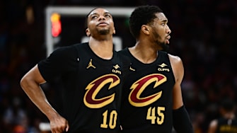 May 13, 2025; Cleveland, Ohio, USA; Cleveland Cavaliers guard Darius Garland (10) and guard Donovan Mitchell (45) react during the second half against the Indiana Pacers in game five of the second round for the 2025 NBA Playoffs at Rocket Arena. Mandatory Credit: Ken Blaze-Imagn Images