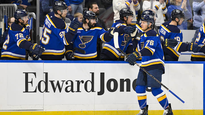 Feb 6, 2025; St. Louis, Missouri, USA;  St. Louis Blues center Zack Bolduc (76) is congratulated by teammates  after scoring a goal against the Florida Panthers during the first period at Enterprise Center. Mandatory Credit: Jeff Curry-Imagn Images