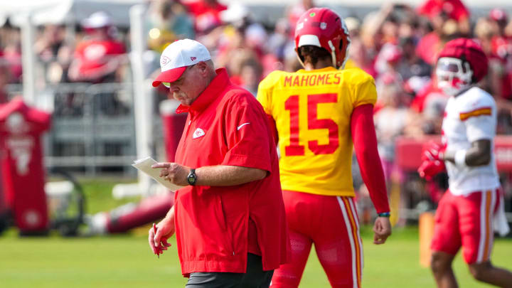 Jul 26, 2024; Kansas City, MO, USA; Kansas City Chiefs head coach Andy Reid walks during training camp at Missouri Western State University. Mandatory Credit: Denny Medley-USA TODAY Sports