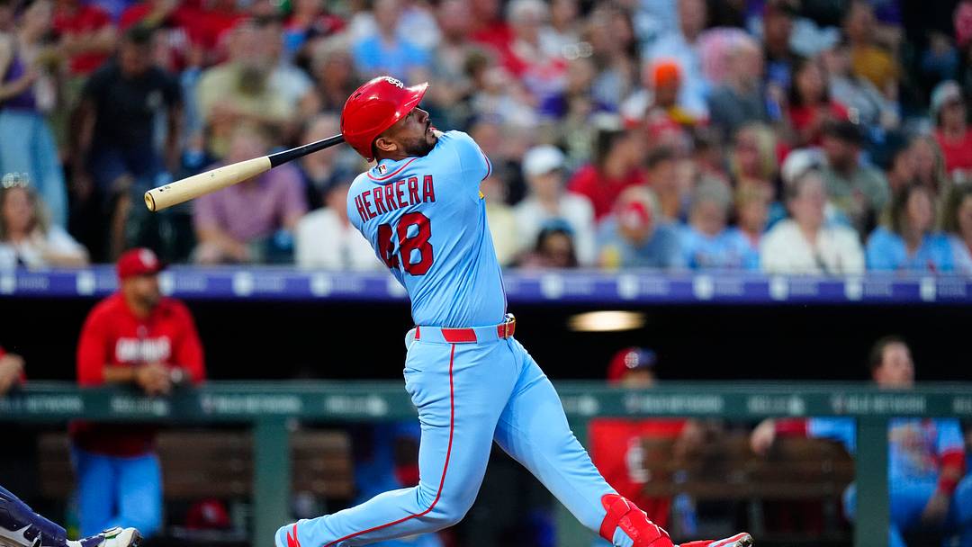 Sep 5, 2026; Denver, Colorado, USA;  St. Louis Cardinals designated hitter Ivan Herrera (48) hits a two-run home run in the fifth inning against the Colorado Rockies  at Coors Field.  Mandatory Credit: Ron Chenoy-Imagn Images