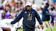 Oct 4, 2025; Fort Worth, Texas, USA; Colorado Buffaloes head coach Deion Sanders on the field during warmups prior to a game against the TCU Horned Frogs at Amon G. Carter Stadium. Mandatory Credit: Raymond Carlin III-Imagn Images