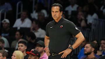 Apr 5, 2025; Miami, Florida, USA;  Miami Heat head coach Erik Spoelstra watches his team against the Milwaukee Bucks during the second half at Kaseya Center. Mandatory Credit: Jim Rassol-Imagn Images