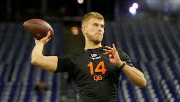 Mar 1, 2025; Indianapolis, IN, USA; Louisville quarterback Tyler Shough (QB14) during the 2025 NFL Combine at Lucas Oil Stadium. Mandatory Credit: Kirby Lee-Imagn Images