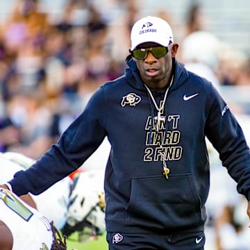 Oct 4, 2025; Fort Worth, Texas, USA; Colorado Buffaloes head coach Deion Sanders on the field during warm ups prior to a game against the TCU Horned Frogs at Amon G. Carter Stadium. Mandatory Credit: Raymond Carlin III-Imagn Images