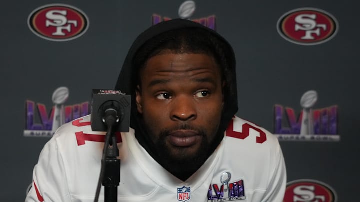 Feb 6, 2024; Las Vegas, NV, USA; San Francisco 49ers linebacker Dre Greenlaw (57) during a press conference before Super Bowl LVIII at the Hilton Lake Las Vegas Resort. Mandatory Credit: Kirby Lee-Imagn Images