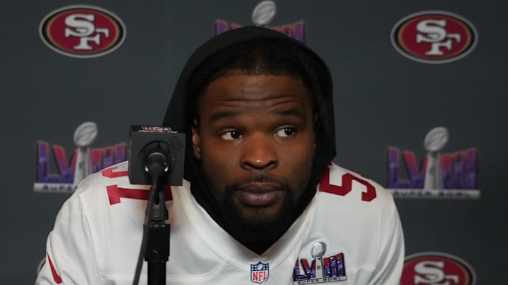 Feb 6, 2024; Las Vegas, NV, USA; San Francisco 49ers linebacker Dre Greenlaw (57) during a press conference before Super Bowl LVIII at the Hilton Lake Las Vegas Resort. Mandatory Credit: Kirby Lee-Imagn Images