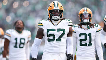 Jan 12, 2025; Philadelphia, Pennsylvania, USA; Green Bay Packers defensive end Brenton Cox Jr. (57) before action against the Philadelphia Eagles in an NFC wild card game at Lincoln Financial Field.