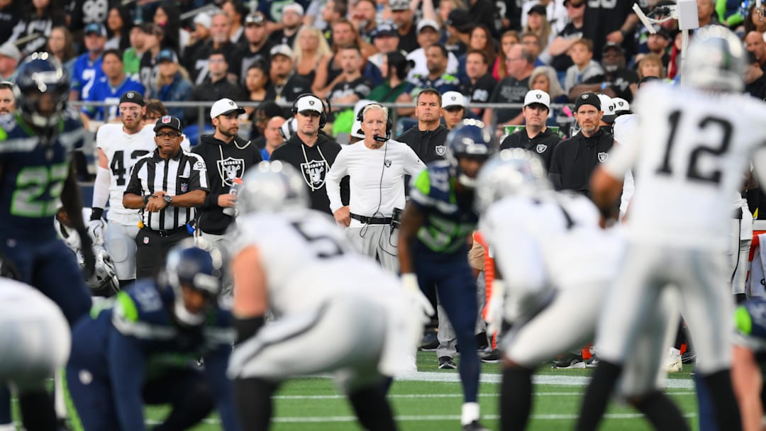 Aug 7, 2025; Seattle, Washington, USA; Las Vegas Raiders head coach Pete Carroll during the first half against the Seattle Seahawks at Lumen Field. Mandatory Credit: Steven Bisig-Imagn Images