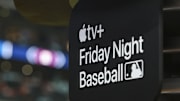 Jul 26, 2024; Houston, Texas, USA; General view of an Apple TV+ sign during a pregame show before the game between the Houston Astros and the Los Angeles Dodgers at Minute Maid Park. 