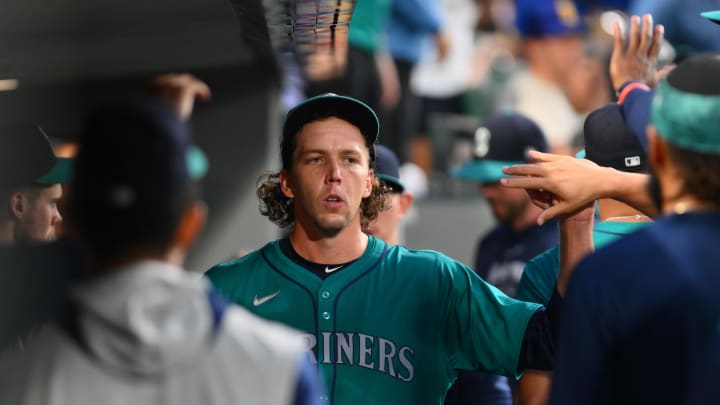 Seattle Mariners starting pitcher Logan Gilbert (36) celebrates in the dugout during the seventh inning against the New York Mets at T-Mobile Park on Aug 10.