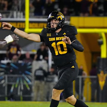 Arizona State quarterback Sam Leavitt (10) throws a pass against TCU during a game at Mountain America Stadium in Tempe on Sept. 26, 2025.
