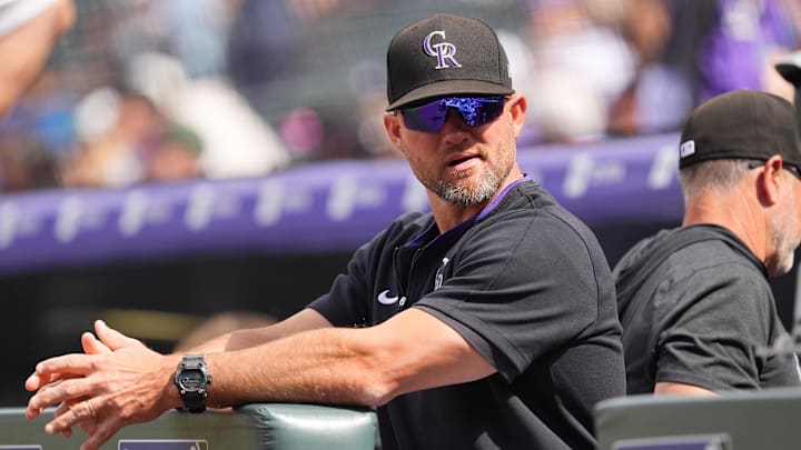 Colorado Rockies interim manager Warren Schaeffer (34) during the first inning at Coors Field. Colorado Rockies interim manager Warren Schaeffer (34) during the first inning at Coors Field.