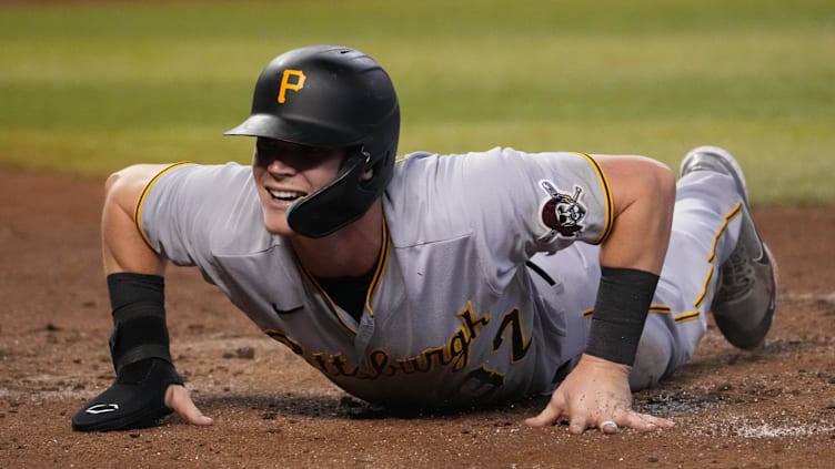 Jul 8, 2023; Phoenix, Arizona, USA; Pittsburgh Pirates right fielder Henry Davis (32) reacts after