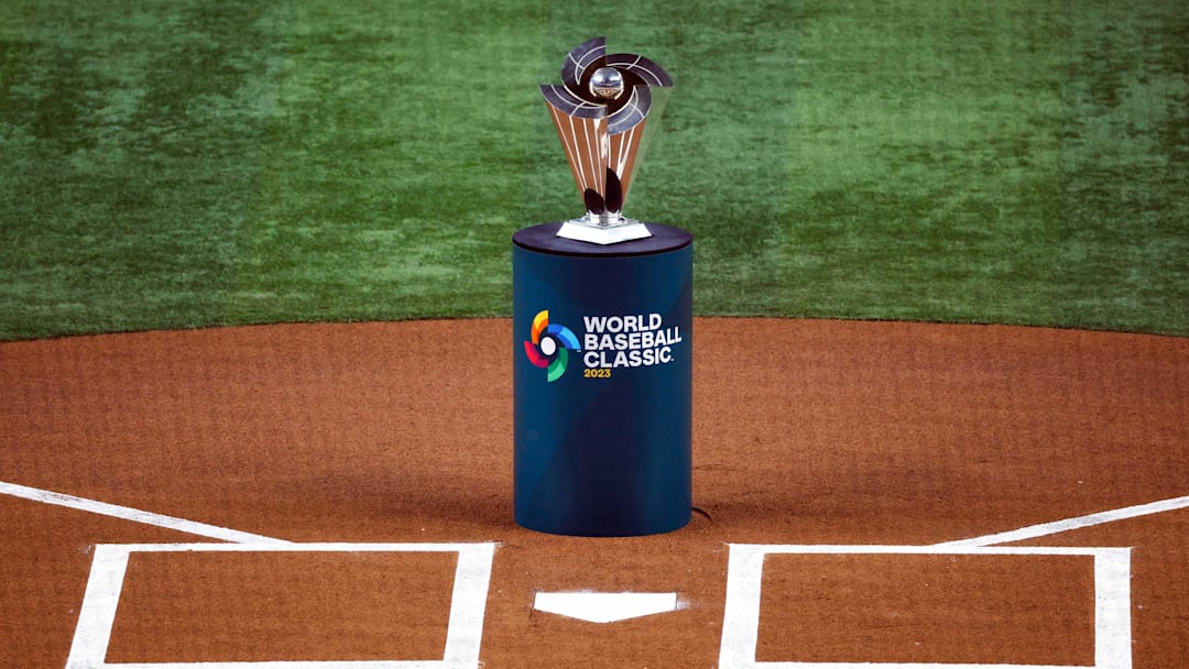 Mar 21, 2023; Miami, Florida, USA; The World Baseball Classic trophy waits to be presented after Japan defeated the USA in the World Baseball Classic at LoanDepot Park. Mandatory Credit: Rhona Wise-Imagn Images