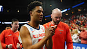 Mar 23, 2024; Omaha, NE, USA; Illinois Fighting Illini guard AJ Redd (5) claps after the game against the Duquesne Dukes of the second round of the 2024 NCAA Tournament at CHI Health Center Omaha. Mandatory Credit: Dylan Widger-Imagn Images