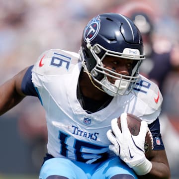 Tennessee Titans wide receiver Treylon Burks (16) runs against the Chicago Bears during the third quarter at Soldier Field in Chicago, Ill., Sunday, Sept. 8, 2024.