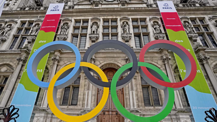 A view of the Olympic Rings in front of the Hotel de Ville ahead of the Paris 2024 Olympic Games.
