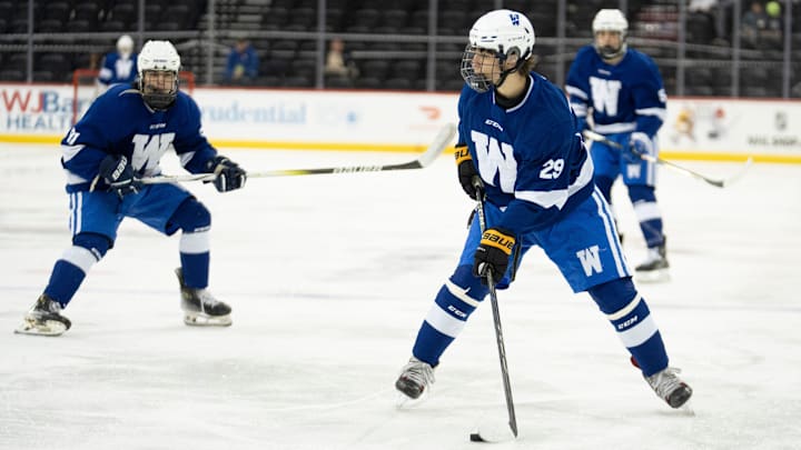 Westfield's Liam Reed looks to pass the puck during the NJSIAA boys Public Ice Hockey State Finals Ridgewood High School and Westfield High School at the Prudential Center in Newark on Monday, March 10, 2025. Westfield's Liam Reed looks to pass the puck during the NJSIAA boys Public Ice Hockey State Finals Ridgewood High School and Westfield High School at the Prudential Center in Newark on Monday, March 10, 2025.