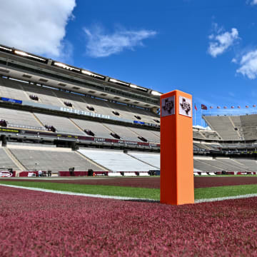 Aug 31, 2024; College Station, Texas, USA; A detailed view of a pylon prior to the game between the Texas A&M Aggies and the Notre Dame Fighting Irish at Kyle Field. Mandatory Credit: Maria Lysaker-USA TODAY Sp