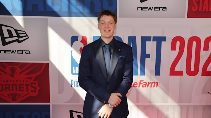Kon Knueppel arrives before the first round of the 2025 NBA Draft.