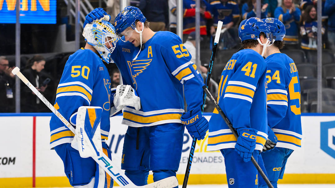 Mar 28, 2026; St. Louis, Missouri, USA; St. Louis Blues defenseman Colton Parayko (55) celebrates with goaltender Jordan Binnington (50) after the Blues defeated the Toronto Maple Leafs at Enterprise Center. Mandatory Credit: Jeff Curry-Imagn Images Mar 28, 2026; St. Louis, Missouri, USA; St. Louis Blues defenseman Colton Parayko (55) celebrates with goaltender Jordan Binnington (50) after the Blues defeated the Toronto Maple Leafs at Enterprise Center. Mandatory Credit: Jeff Curry-Imagn Images