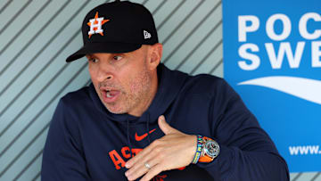 Houston Astros manager Joe Espada (19) speaks to the media before the game against the Los Angeles Angels at Angel Stadium.