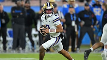 Nov 22, 2025; Pasadena, California, USA;  Washington Huskies quarterback Demond Williams Jr. (2) sets to pass during the first half against the UCLA Bruins at the Rose Bowl. Mandatory Credit: Jayne Kamin-Oncea-Imagn Images