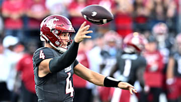 Sep 20, 2025; Pullman, Washington, USA; Washington State Cougars quarterback Zevi Eckhaus (4) throws a pass against the Washington Huskies in the first half of Apple Cup at Gesa Field at Martin Stadium. Mandatory Credit: James Snook-Imagn Images