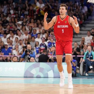 Aug 2, 2024: Germany forward Franz Wagner reacts after scoring a three-point shot against France in the first half in a men’s group B basketball game during the Paris 2024 Olympic Summer Games.