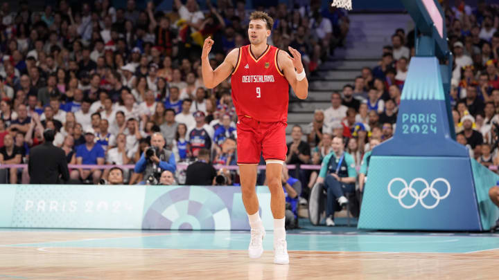 Aug 2, 2024: Germany forward Franz Wagner reacts after scoring a three-point shot against France in the first half in a men’s group B basketball game during the Paris 2024 Olympic Summer Games.