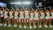 Miami Hurricanes cheerleaders sing after the game against the Bethune-Cookman Wildcats at Hard Rock Stadium.