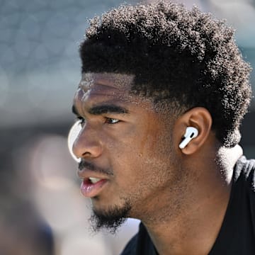 Oct 5, 2025; Philadelphia, Pennsylvania, USA; Philadelphia Eagles linebacker Jihaad Campbell (30) during warmups against the Denver Broncos at Lincoln Financial Field. 