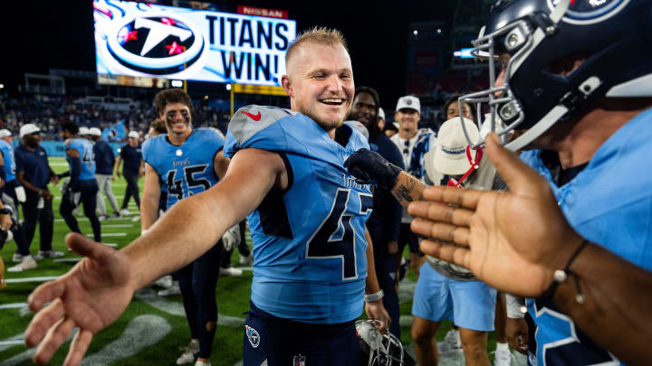 New Packers kicker Brayden Narveson (47) reacts after kicking the game-winning field goal  for the Titans against the Seahawks.