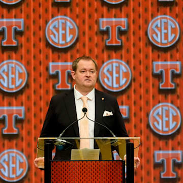 July 15, 2025; Atlanta, GA, USA; Tennessee head coach Josh Heupel speaks in the Main Media Room during SEC Media Days at the College Football Hall of Fame in Atlanta.