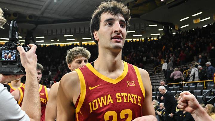 Dec 12, 2024; Iowa City, Iowa, USA; Iowa State Cyclones forward Milan Momcilovic (22) reacts after the game against the Iowa Hawkeyes during the second half at Carver-Hawkeye Arena. Mandatory Credit: Jeffrey Becker-Imagn Images