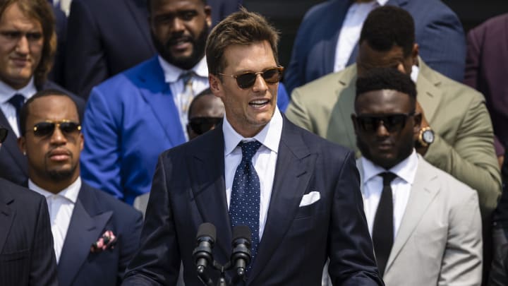 Jul 20, 2021; Washington, DC, USA; Tampa Bay Buccaneers quarterback Tom Brady speaks during a ceremony as President Joe Biden welcomes the Buccaneers to the South Lawn of the White House to honor the team for their Super Bowl LV Championship. Mandatory Credit: Scott Taetsch-USA TODAY Sports