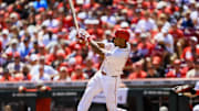 May 18, 2025; Cincinnati, Ohio, USA; Cincinnati Reds outfielder Will Benson (30) hits a two-run home run in the fourth inning against the Cleveland Guardians at Great American Ball Park. Mandatory Credit: Katie Stratman-Imagn Images